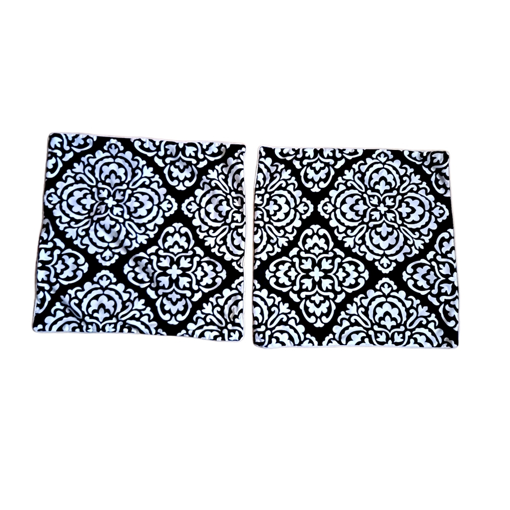 Moroccan Floral Print Cushion Pillow Covers Black and Ivory 20 x 20 in Lot of 2